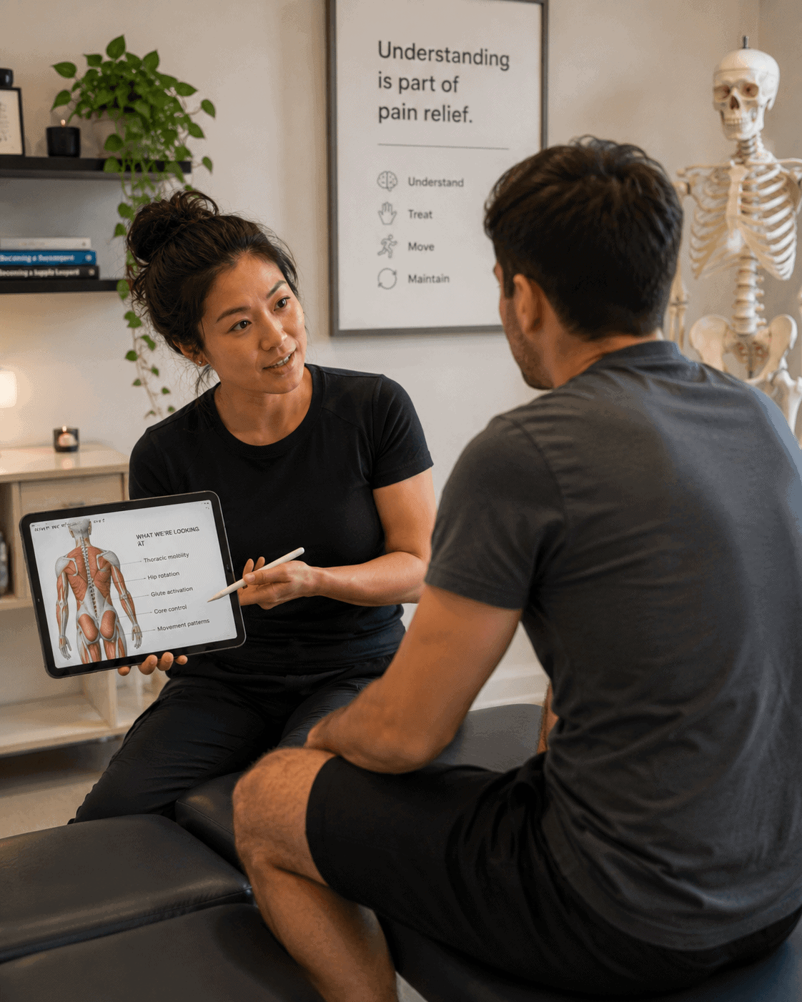 Osteopath showing a patient their pain assessment on a tablet at London Osteopath, Waterloo SE1